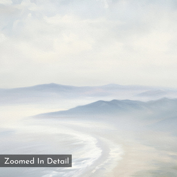 The Veiled Shores Canvas Art - Square features a soft, pastel coastal landscape with misty mountains, a curving shoreline, gentle waves, and "Zoomed In Detail" text in the bottom left for a serene, dreamy touch.