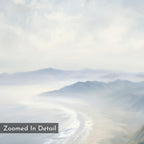 Veiled Shores Canvas Art - Vertical depicts a soft, misty coastal landscape with hazy mountains and ocean waves in gentle light and pastel hues. “Zoomed In Detail” appears in the bottom left, making it ideal tranquil wall art.