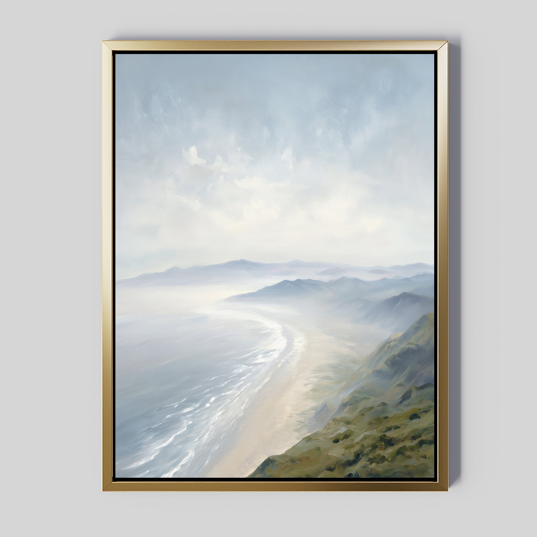 The Veiled Shores Canvas Art - Vertical features gentle waves, misty blue mountains, and soft skies. A gold frame complements the calming coastal scene, making this tranquil wall art ideal for serene interiors.