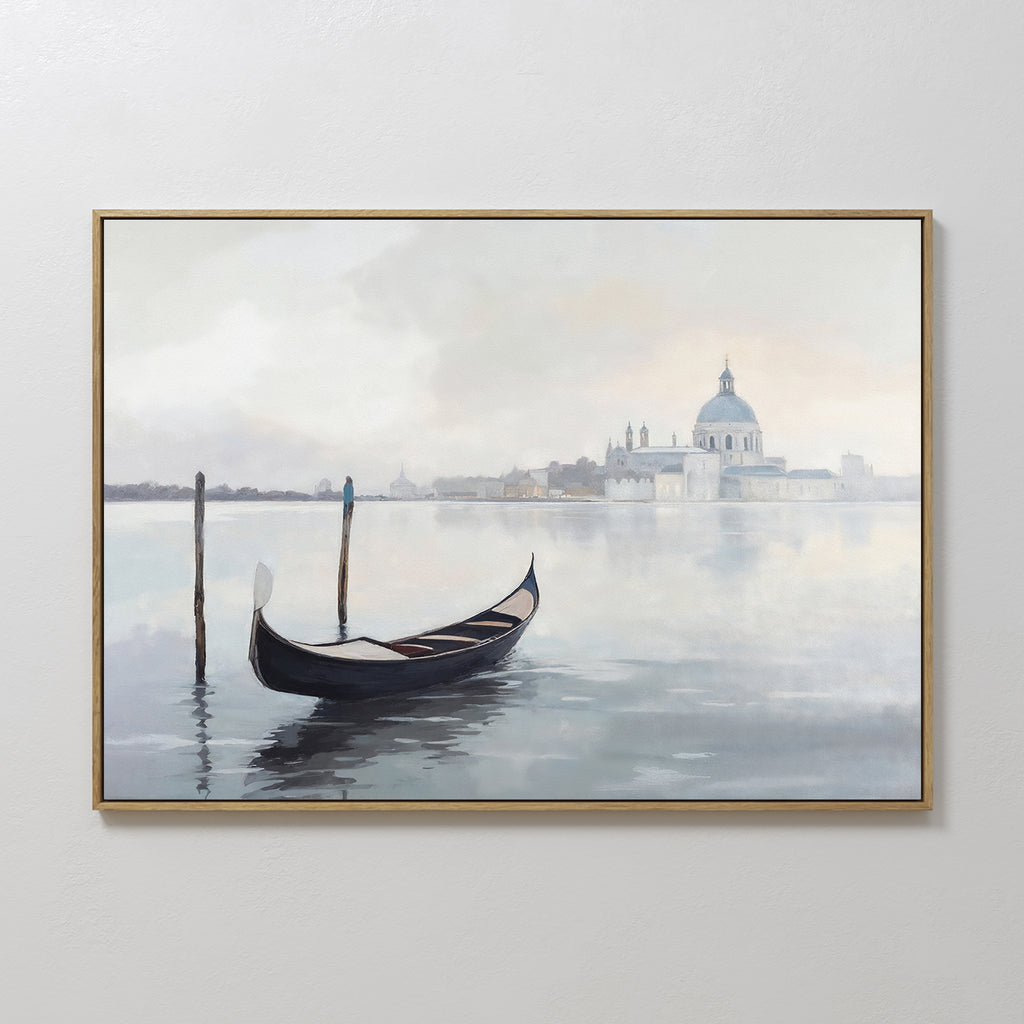 Venetian Stillness Canvas Art - Horizontal features a gondola gliding on calm water with wooden posts and a hazy domed building in the background, ideal for adding European decor charm to any space.