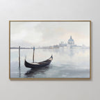 Venetian Stillness Canvas Art - Horizontal features a gondola gliding on calm water with wooden posts and a hazy domed building in the background, ideal for adding European decor charm to any space.