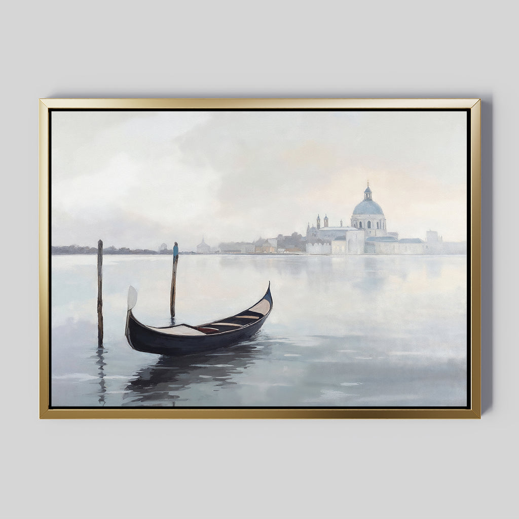 Venetian Stillness Canvas Art - Horizontal features a gondola on calm water with wooden posts and misty domes in the background, bringing serene European decor inspired by Venice to your space.