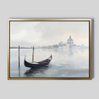 Venetian Stillness Canvas Art - Horizontal features a gondola on calm water with wooden posts and misty domes in the background, bringing serene European decor inspired by Venice to your space.