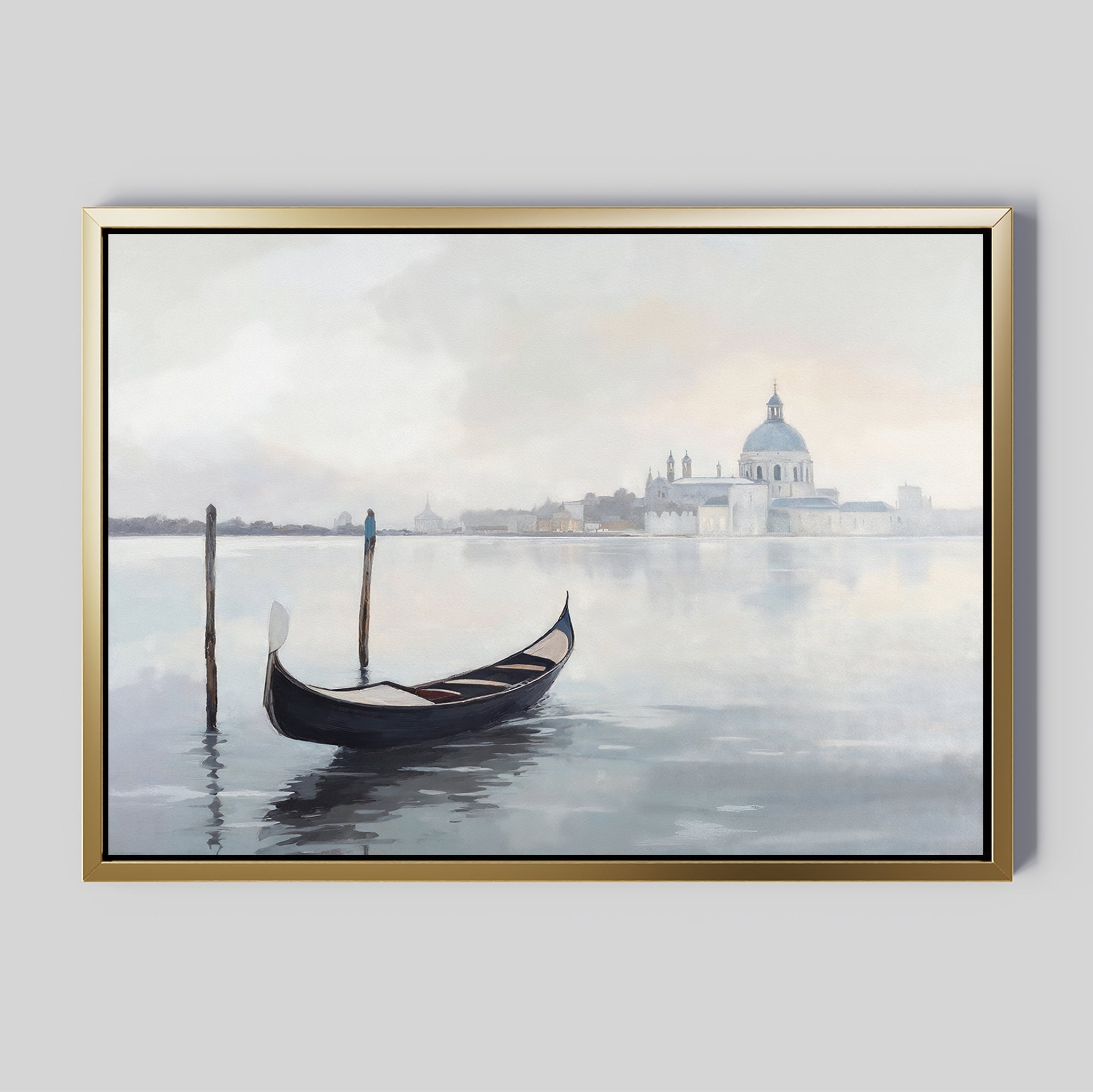 Venetian Stillness Canvas Art - Horizontal features a gondola on calm water with wooden posts and misty domes in the background, bringing serene European decor inspired by Venice to your space.