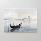 The Venetian Stillness Canvas Art - Horizontal shows a gondola on calm water near wooden posts with a hazy cityscape and domed buildings in the background, ideal as Venetian wall art for elegant European-inspired decor.