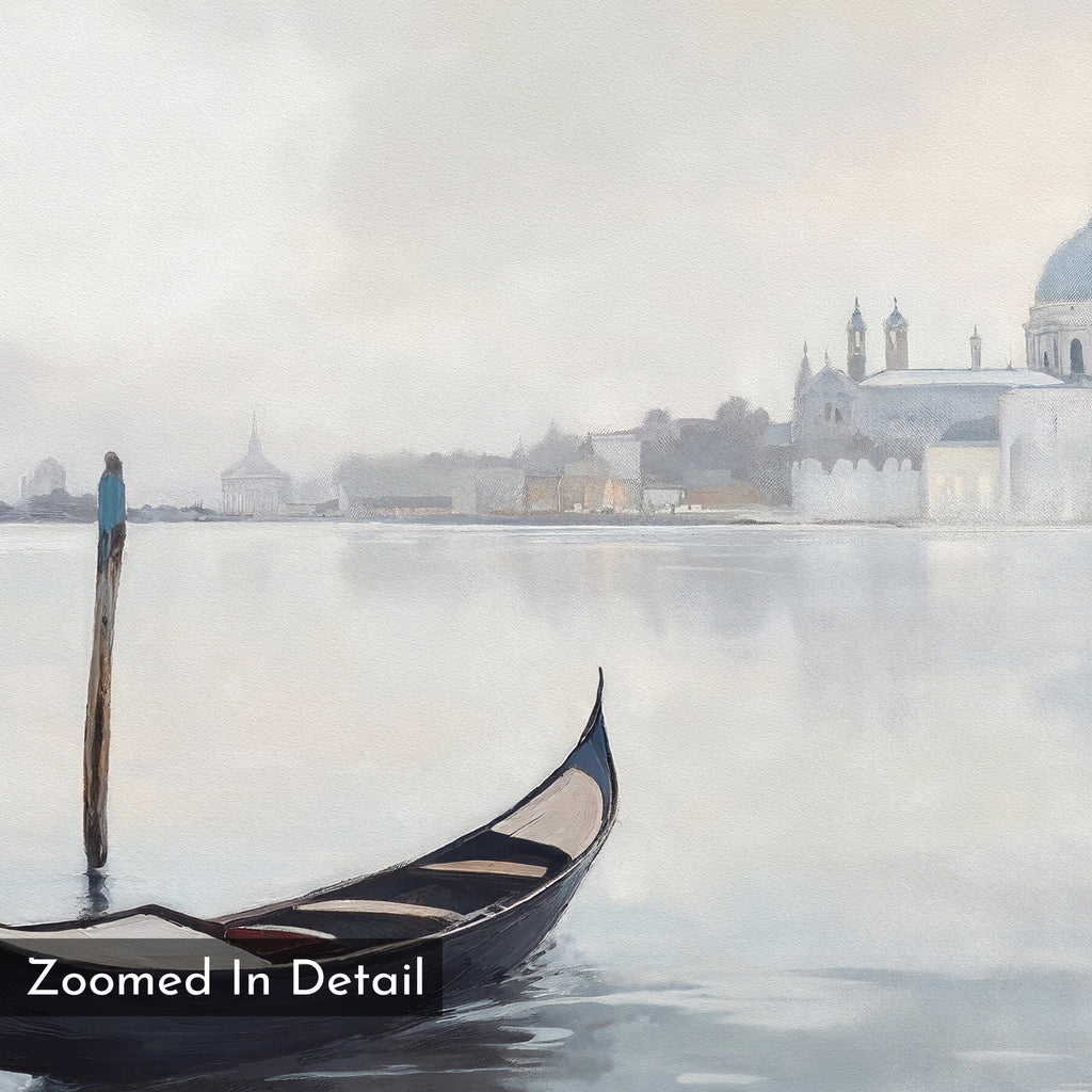 The Venetian Stillness Canvas Art - Horizontal features a gondola on calm water before a misty cityscape, finished with a soft, painted effect. "Zoomed In Detail" text accents this elegant piece, ideal for Venetian or European-inspired decor.