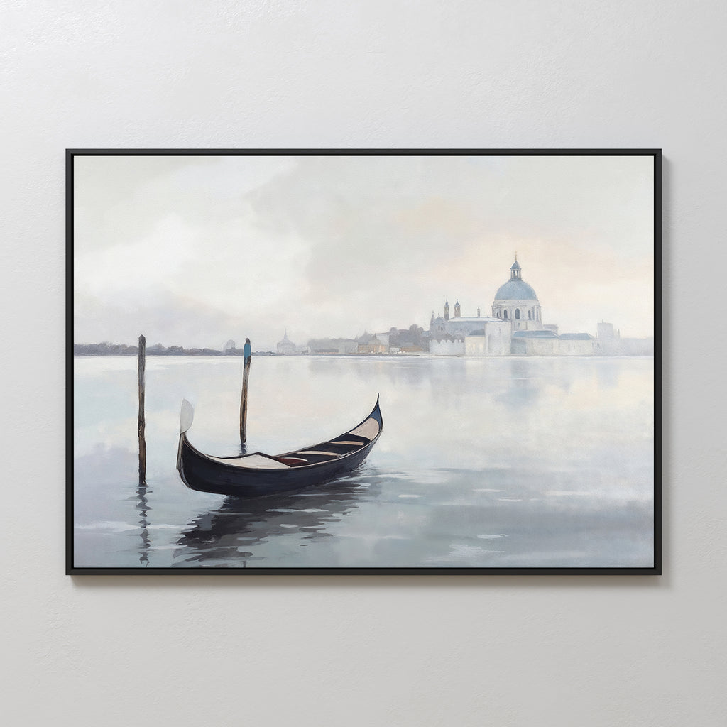 The Venetian Stillness Canvas Art - Horizontal features a gondola on calm waters with wooden posts and a misty cityscape—perfect wall art for adding serene European charm to your space.