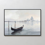 The Venetian Stillness Canvas Art - Horizontal features a gondola on calm waters with wooden posts and a misty cityscape—perfect wall art for adding serene European charm to your space.