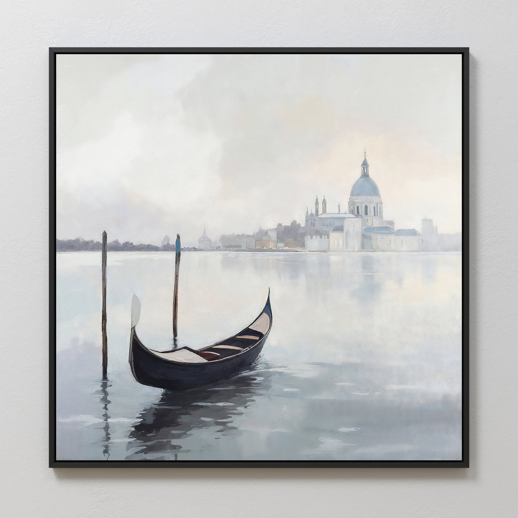 Venetian Stillness Canvas Art - Square: A framed print features a gondola on tranquil water with wooden posts and a grand domed building in a misty backdrop, evoking timeless European charm.