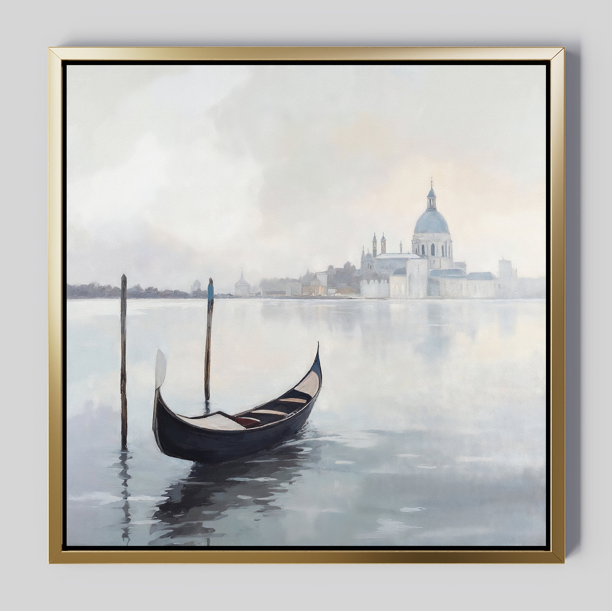 The Venetian Stillness Canvas Art - Square features a gondola drifting on calm waters, misty buildings, and a domed church in the background, evoking the tranquil charm of Venice.
