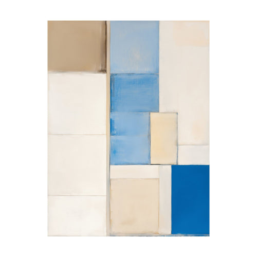 Blue Tiles Composition abstract painting featuring a geometric arrangement of rectangular blocks in shades of blue, white, and tan.