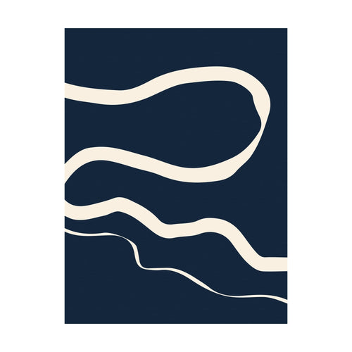 Blue Tranquility minimalist abstract art featuring two flowing, cream-colored lines winding horizontally across a dark navy blue background.