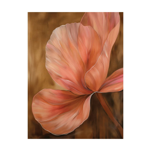 Blush Petals abstract wall art featuring a large, translucent blush-pink flower blossom against a dark brown textured background.