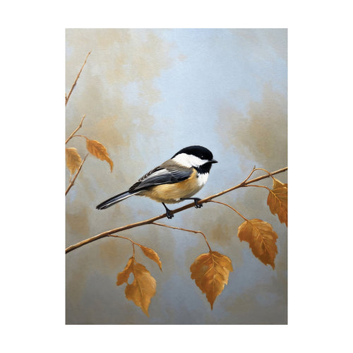 A black-capped chickadee perched on an Autumn Branch featuring scattered golden leaves.