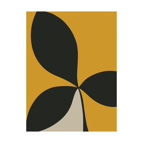 Botanic Contrast minimalist wall art featuring three dark leaf shapes on a mustard yellow background, with one off-white leaf-shaped segment at the bottom.