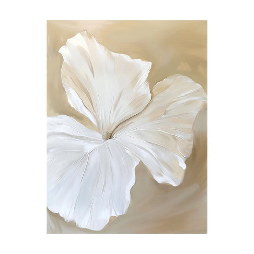 Aqua Flora is a minimalist wall art painting of a large, abstract white flower set against a muted beige background.