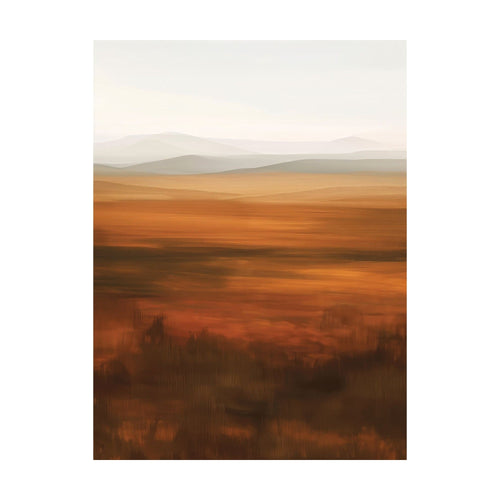 Autumn Plains abstract minimalist wall art featuring a vast, hazy landscape with layers of rolling hills fading into a pale, misty horizon.