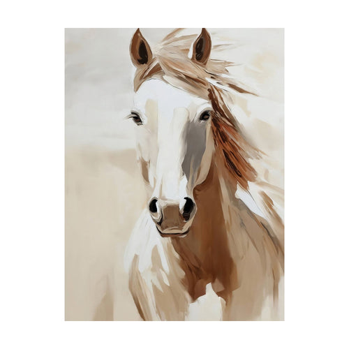 Bold Spirit is an impressionistic painting of a white horse with a tan mane facing forward, serving as minimalist wall art.
