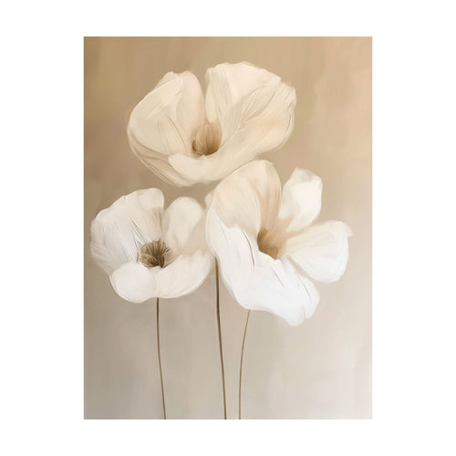 Blossom Trio minimalist wall art featuring three large white poppy-like flowers on thin stems against a soft beige background.