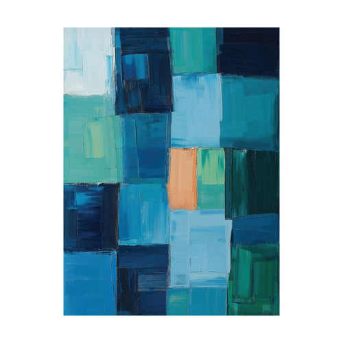 Blue Mosaic wall art, an abstract composition of blue, teal, and white rectangular blocks featuring a single central peach rectangle.