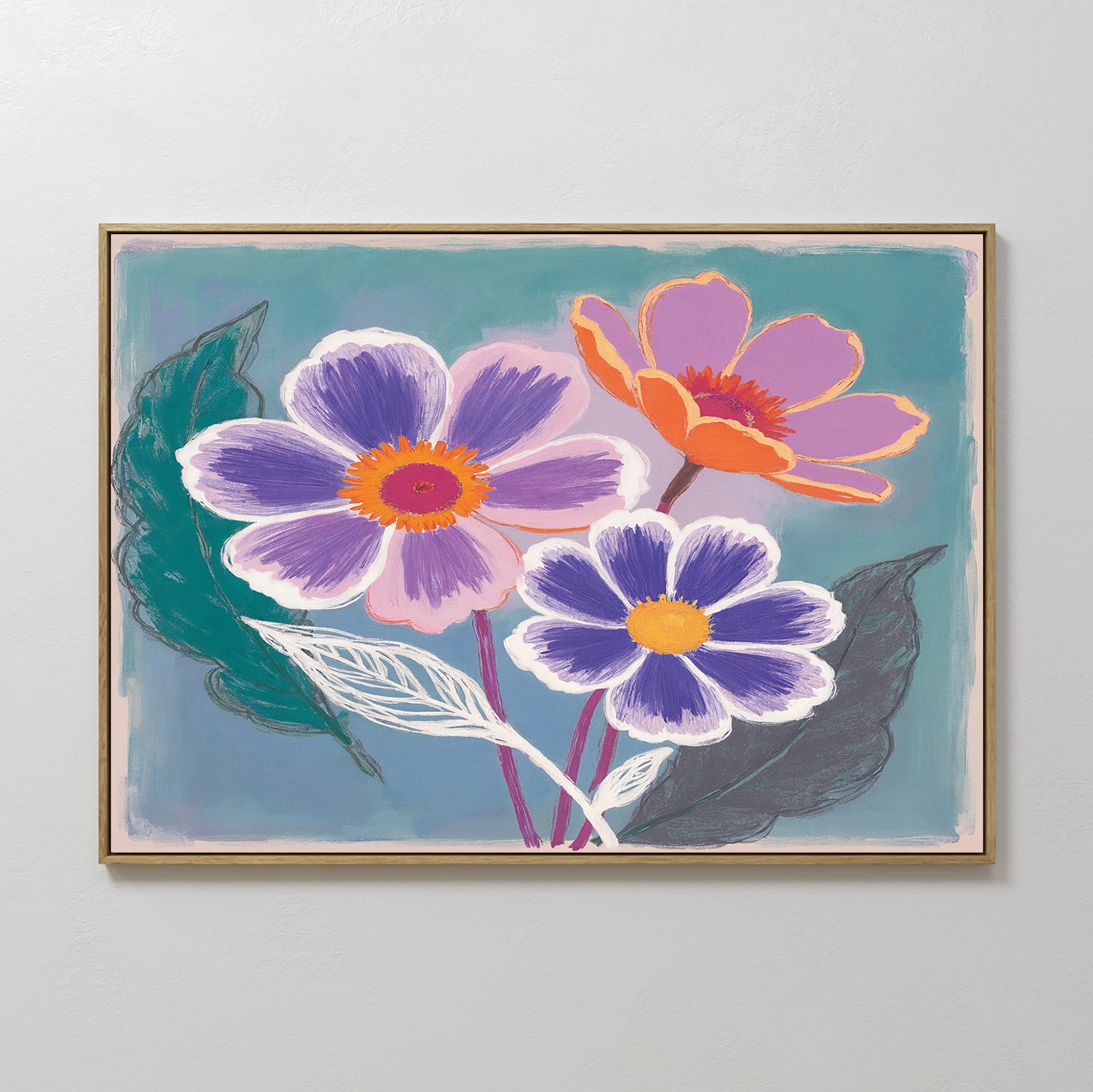 The Vibrant Petals Canvas Art - Horizontal showcases three colorful flowers—two purple with yellow centers, one orange with a pink center—on a blue-green backdrop and dark green leaves, ideal for contemporary floral wall decor.