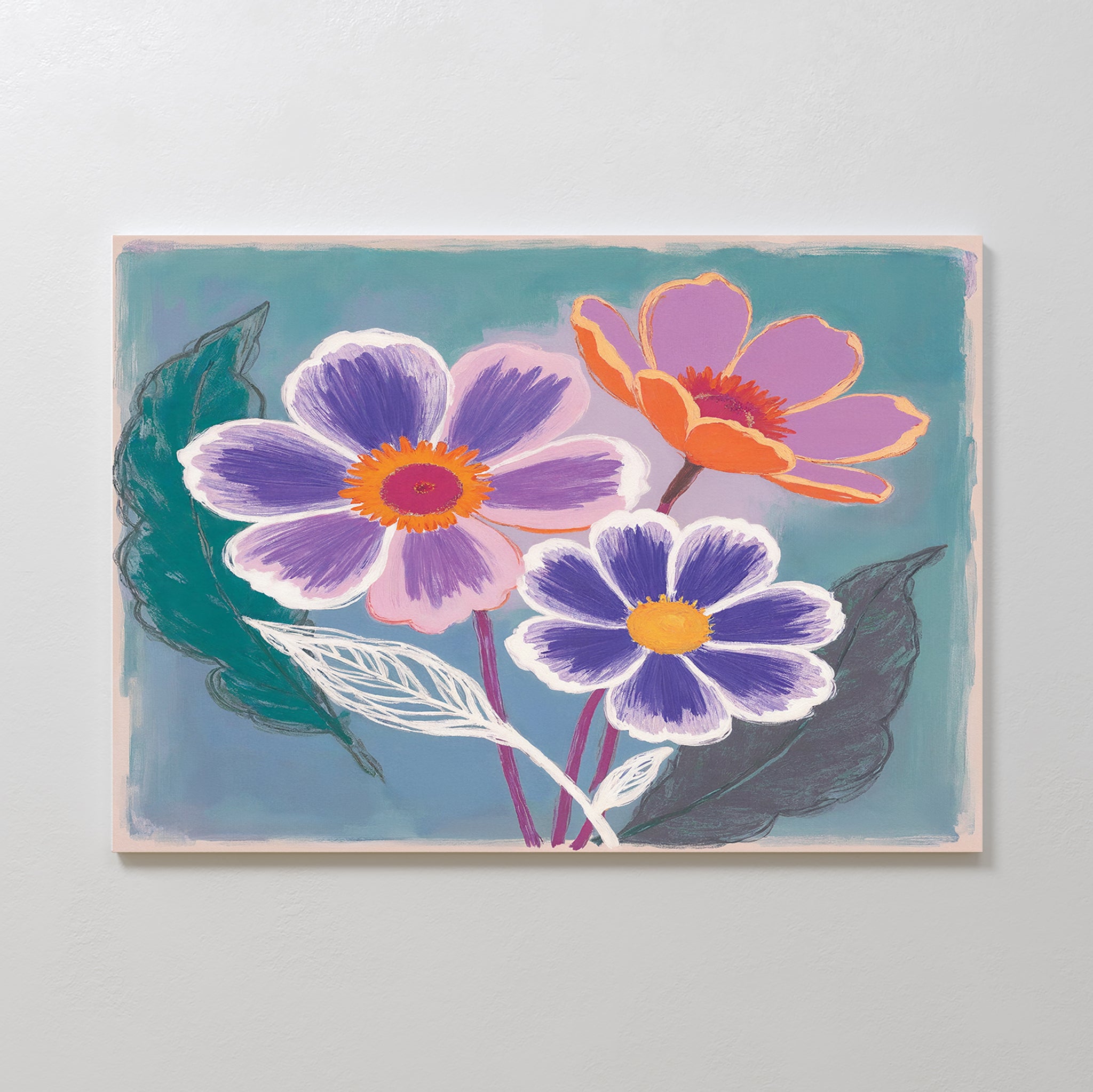 The Vibrant Petals Canvas Art - Horizontal features three colorful flowers with purple, pink, and orange petals among green leaves on a teal background—ideal contemporary wall art to enhance vibrant floral decor.