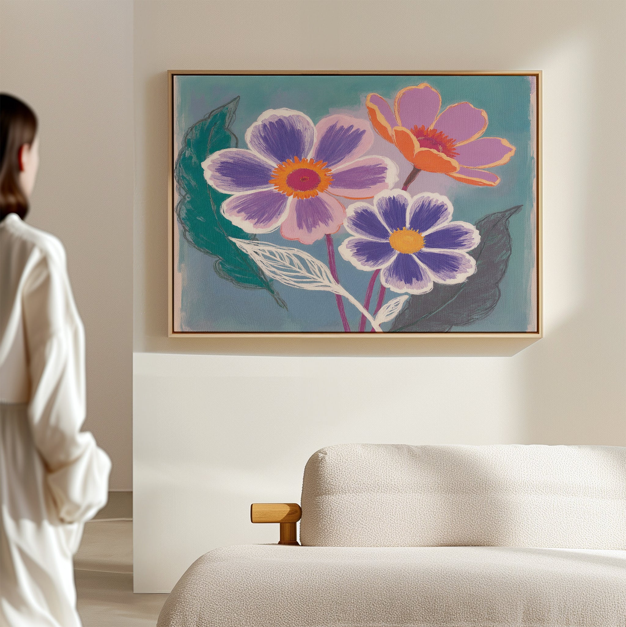 A person in a white robe stands facing a wall where the "Vibrant Petals Canvas Art - Horizontal" hangs above a beige sofa in a bright, minimalistic room.
