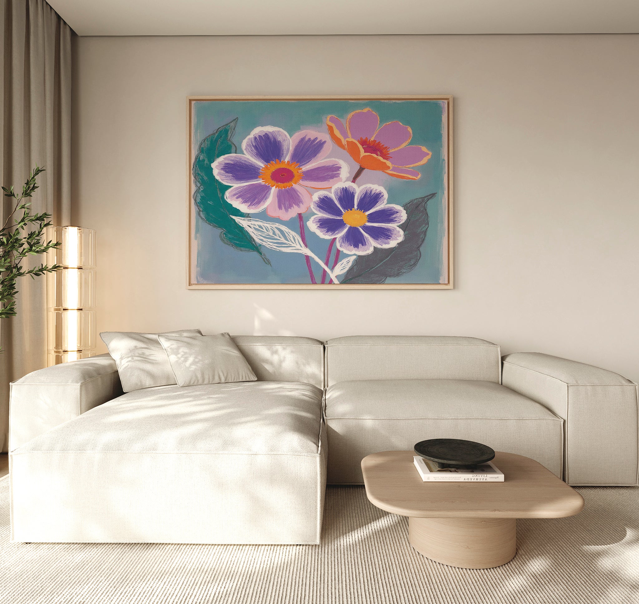 A modern living room features a beige sectional sofa, a light wood coffee table with a black bowl, neutral decor, and the Vibrant Petals Canvas Art - Horizontal displayed as contemporary wall art above the sofa.