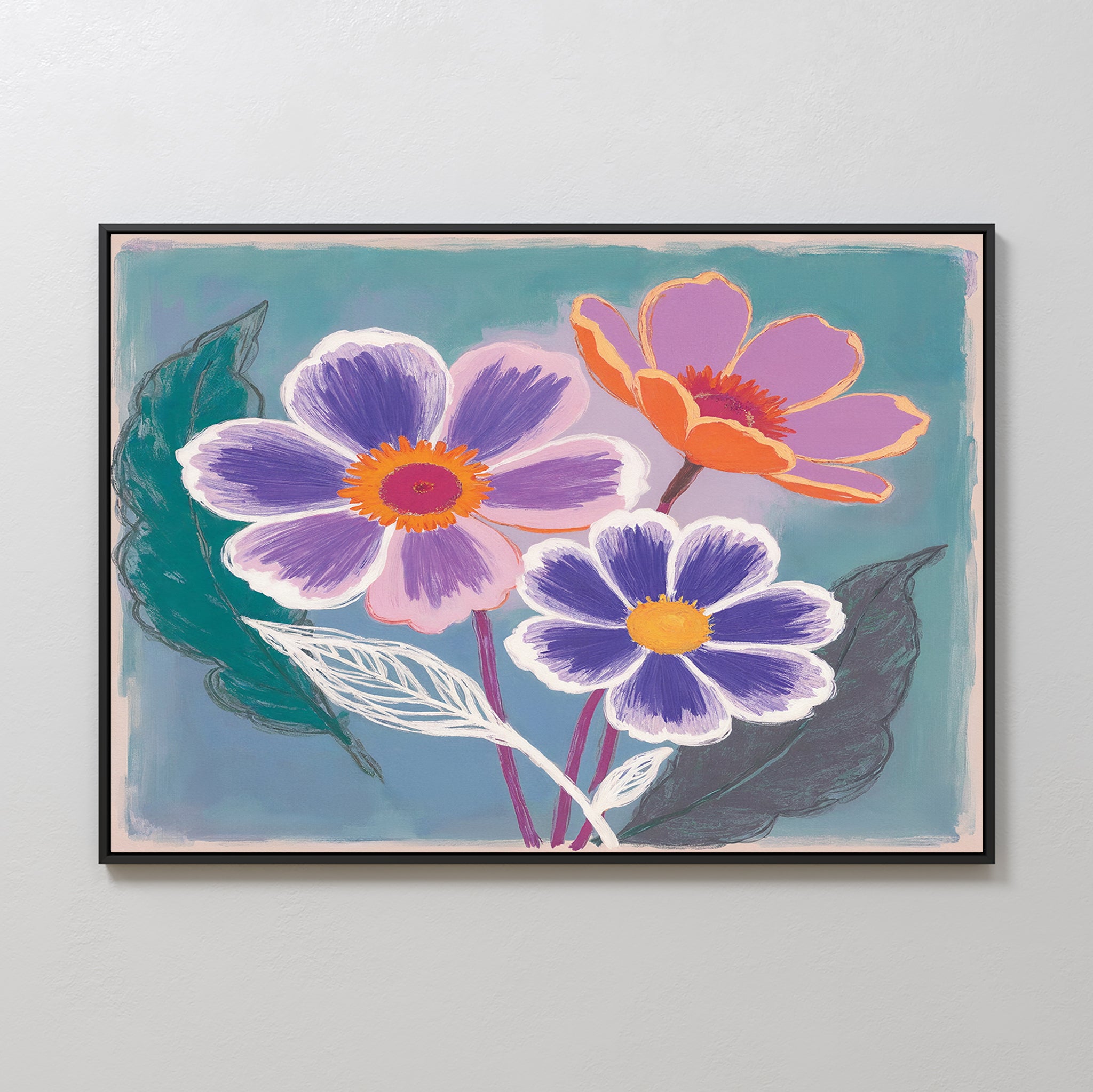 Vibrant Petals Canvas Art - Horizontal features three colorful flowers—two purple with yellow centers and one orange—on a teal background with bold green leaves and white stems, perfect as contemporary wall decor.