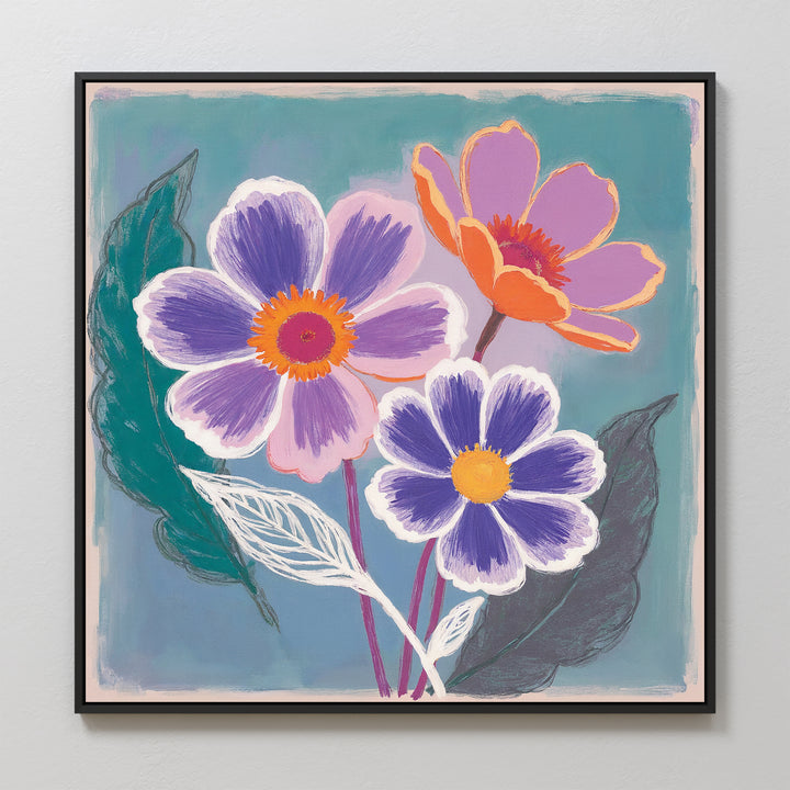 The Vibrant Petals Canvas Art - Square features three colorful flowers with purple and orange petals and green leaves on a teal background, adding Nordic Park charm to any light-colored wall.