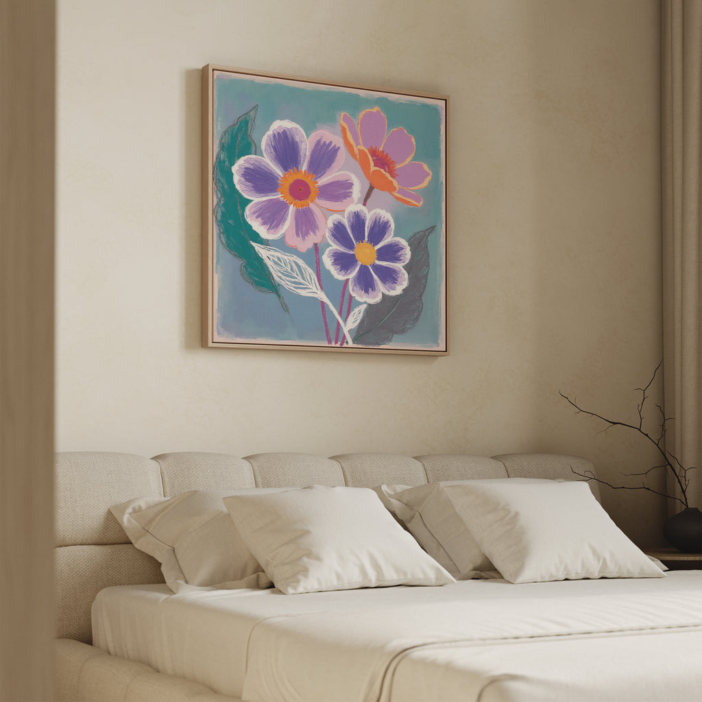 A beige bedroom features a neatly made bed with four white pillows and the Vibrant Petals Canvas Art - Square, showcasing green leaves above the headboard. Cream curtains and a bare branch in a vase complete the serene Nordic Park-inspired decor.