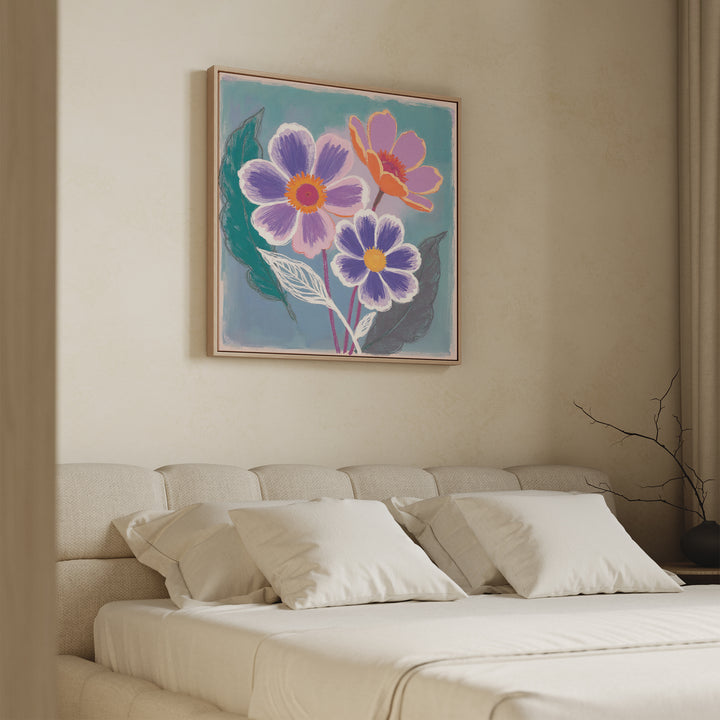 A beige bedroom features a neatly made bed with four white pillows and the Vibrant Petals Canvas Art - Square, showcasing green leaves above the headboard. Cream curtains and a bare branch in a vase complete the serene Nordic Park-inspired decor.