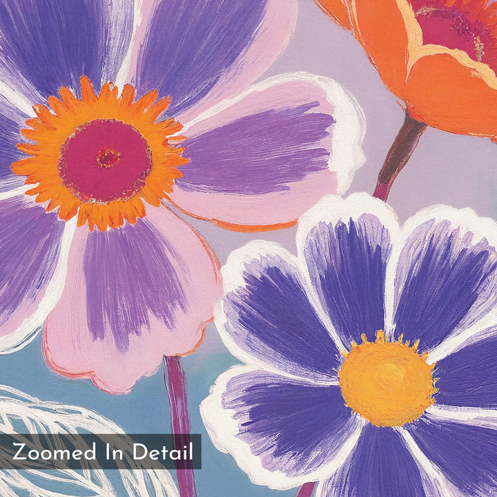 A close-up illustration of colorful flowers with textured brushstrokes in purple, orange, and white on a soft purple background. "Zoomed In Detail" appears in the bottom left corner of the Vibrant Petals Canvas Art - Square.