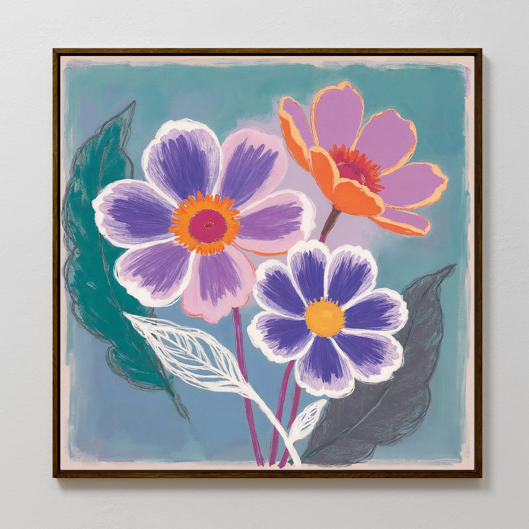 The Vibrant Petals Canvas Art - Square features three stylized flowers with purple and orange petals, yellow centers, and white accents on a teal background with green and white leaves for a bold botanical look.