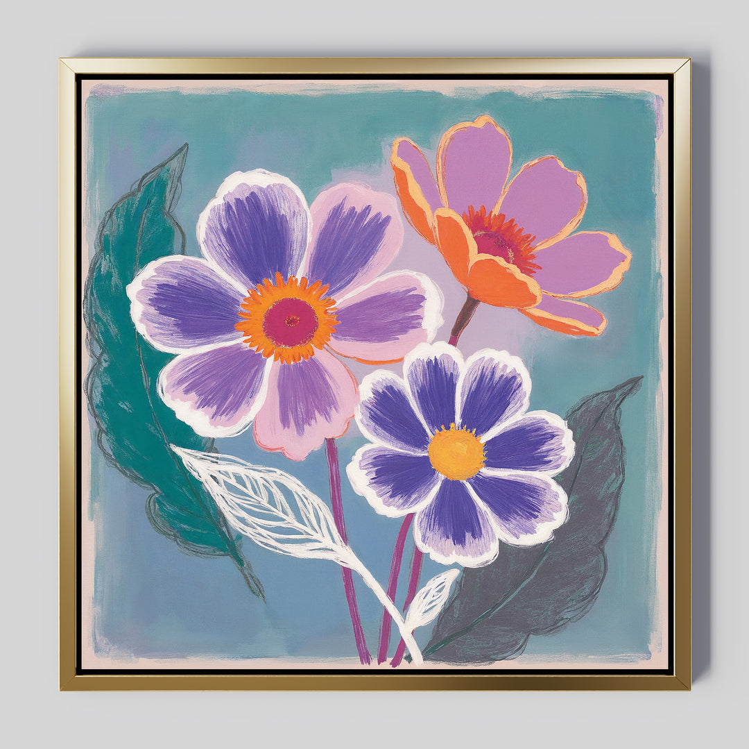 The Vibrant Petals Canvas Art - Square features three flowers with purple and orange petals and green leaves on a blue-green background, elegantly framed in gold with a white border for a stylish floral touch to your space.