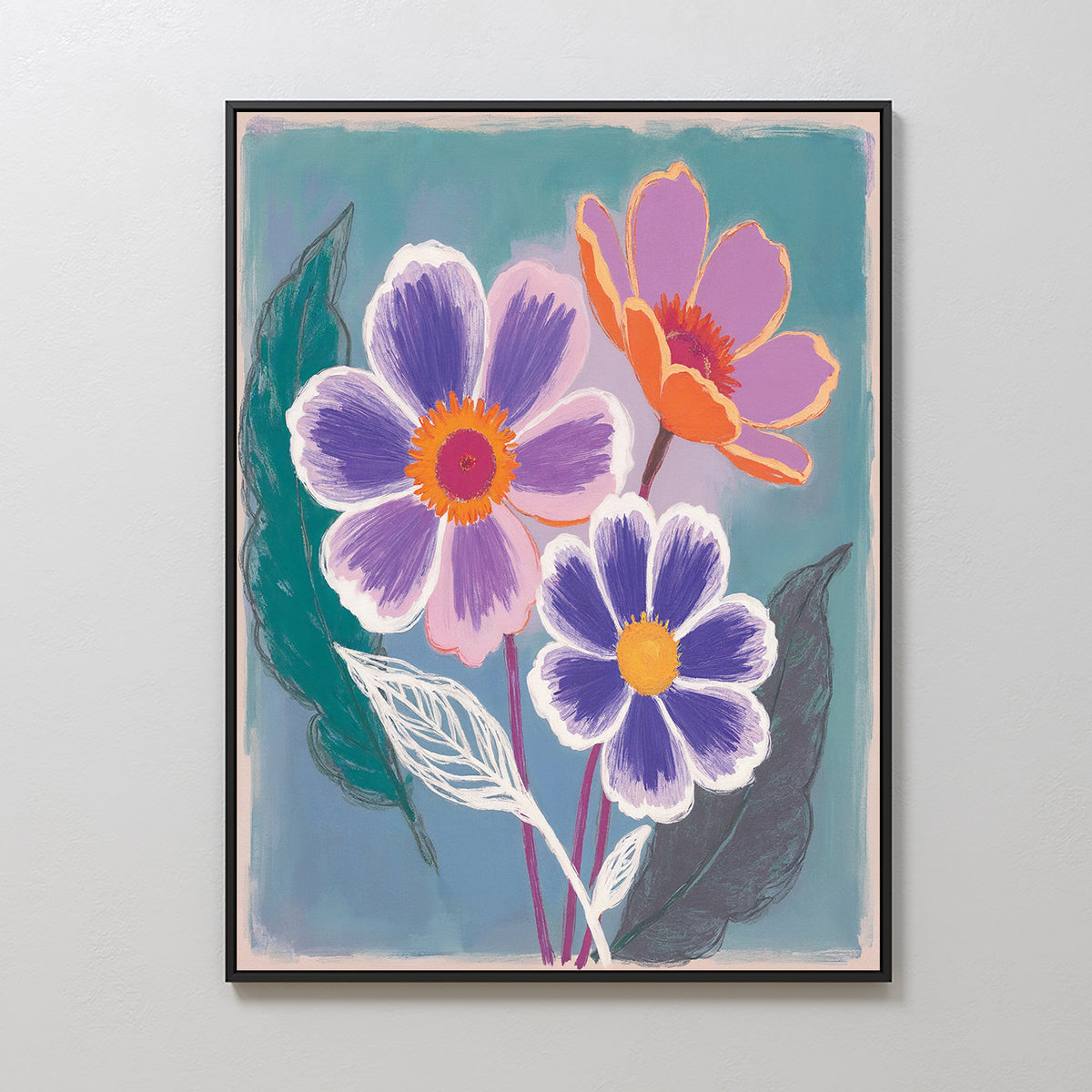 The Vibrant Petals Canvas Art - Vertical features three large, colorful flowers with purple, orange, and pink petals and green foliage on a blue-gray background, adding contemporary style to any light-colored wall.