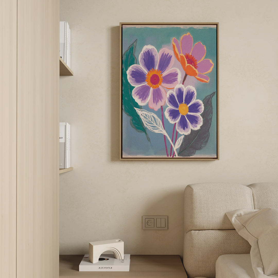 The Vibrant Petals Canvas Art - Vertical hangs on a beige wall above a light sofa, adding contemporary flair with its colorful floral design to this modern living room. Nearby, a shelf holds books and a decorative object.