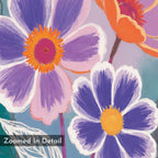 A colorful, close-up illustration of abstract flowers with purple, pink, orange, and white petals on a pastel background. This contemporary wall art is called Vibrant Petals Canvas Art - Vertical.