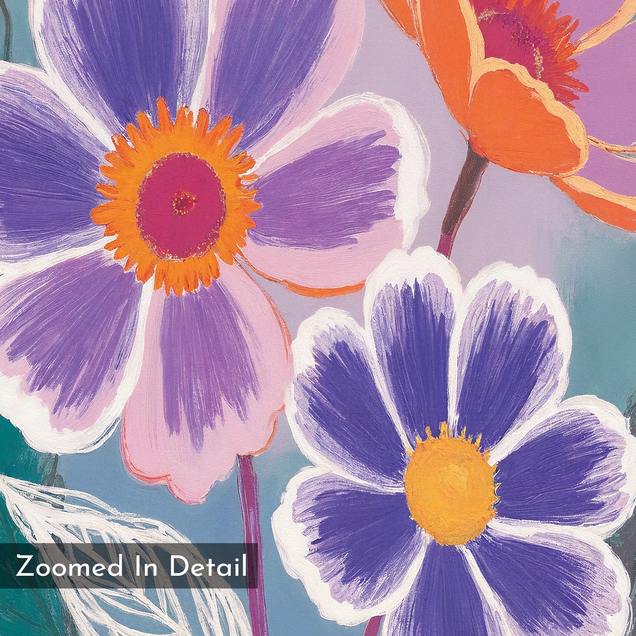 A colorful, close-up illustration of abstract flowers with purple, pink, orange, and white petals on a pastel background. This contemporary wall art is called Vibrant Petals Canvas Art - Vertical.