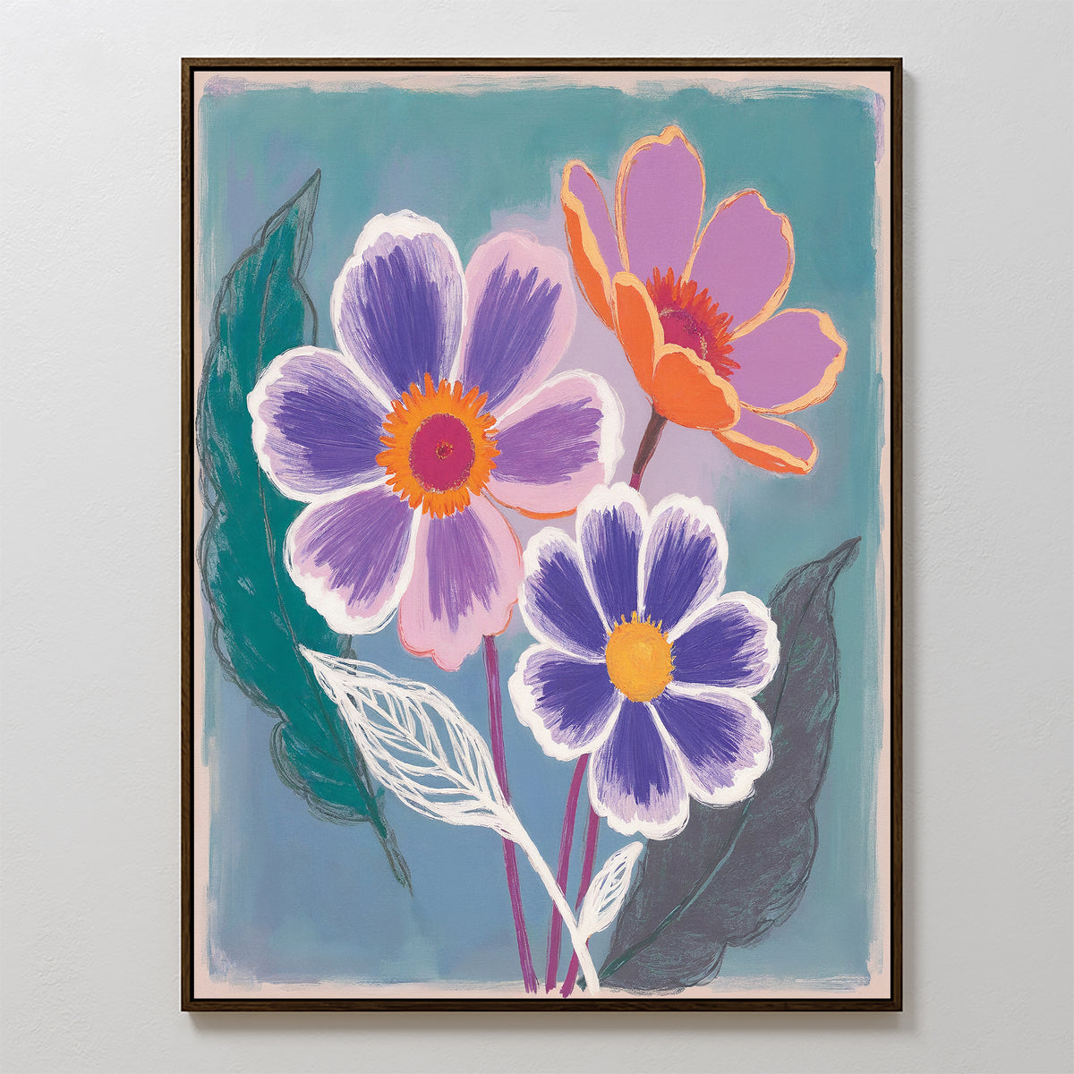 The Vibrant Petals Canvas Art - Vertical features three colorful flowers—two in purple and white, one in orange and pink—on a blue-green background with bold green and white leaves, making it a perfect botanical statement piece for any space.