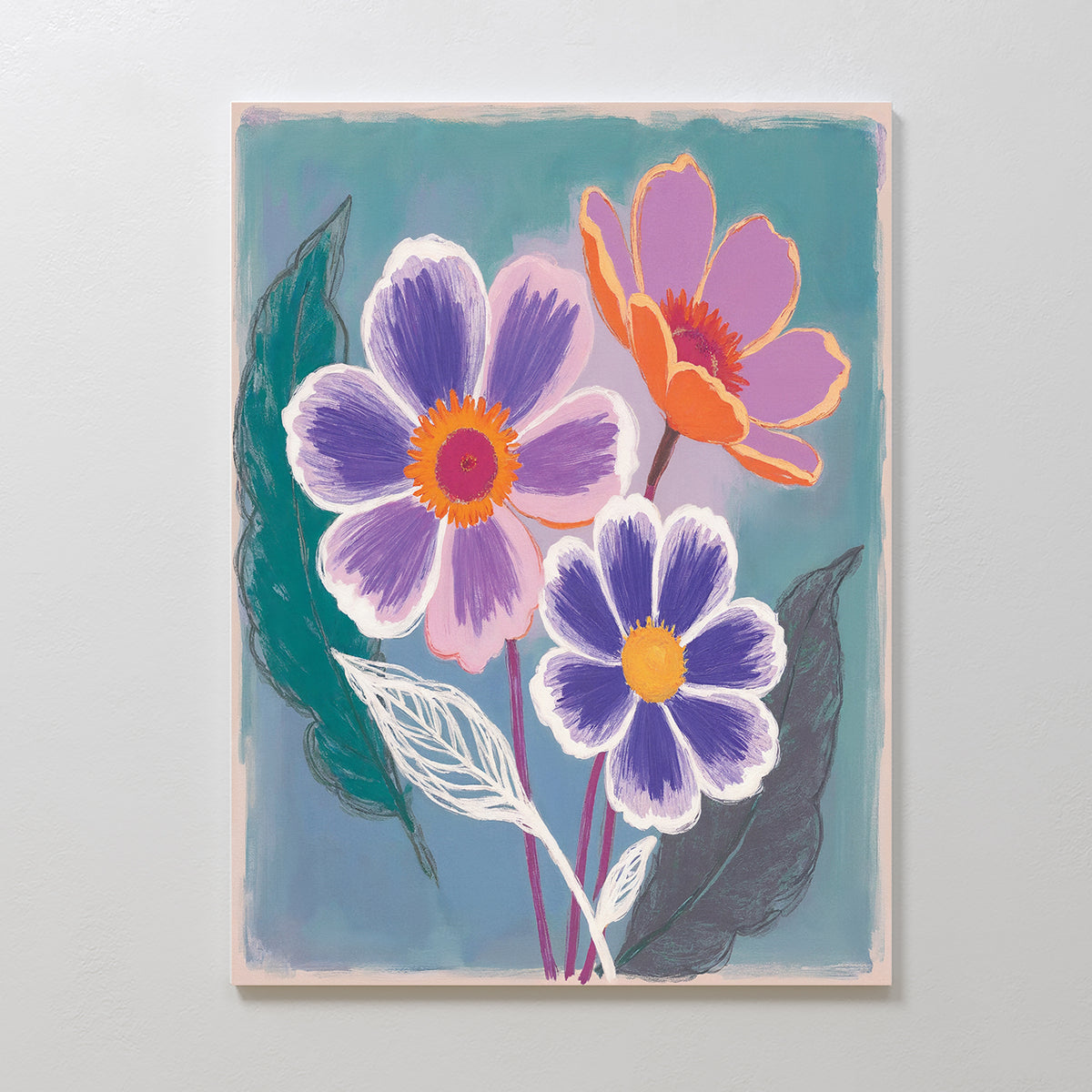 The Vibrant Petals Canvas Art - Vertical features three bold flowers in purple, orange, and pink with dark green leaves on a teal background—an eye-catching contemporary piece ideal for enhancing any Nordic Park-inspired room.