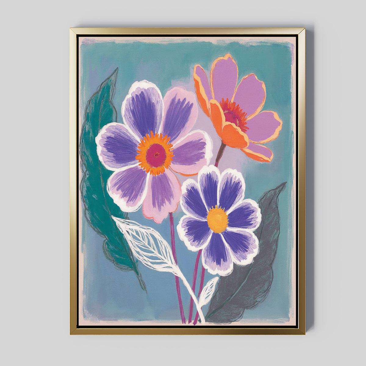 The Vibrant Petals Canvas Art - Vertical features three colorful flowers with purple, pink, and orange petals, green and white leaves on a teal background. A gold modern frame adds a contemporary touch, making it a striking wall art piece.