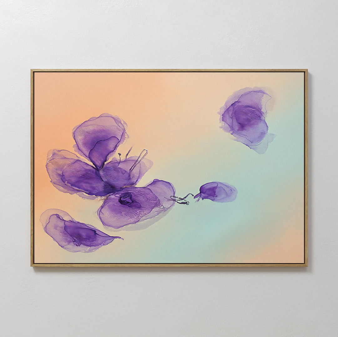 Violet Dreams Canvas Art - Horizontal showcases delicate, watercolor-style purple flowers on a soft peach and teal gradient, making it an ethereal botanical wall piece ideal for adding serene lavender decor to any room.