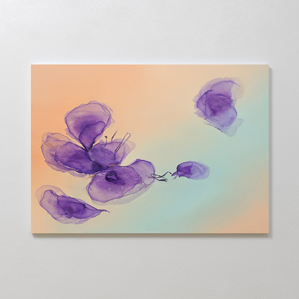 The Violet Dreams Canvas Art - Horizontal features abstract purple flowers with translucent petals on a peach and turquoise background, beautifully displayed on a plain white wall for an elegant botanical touch.