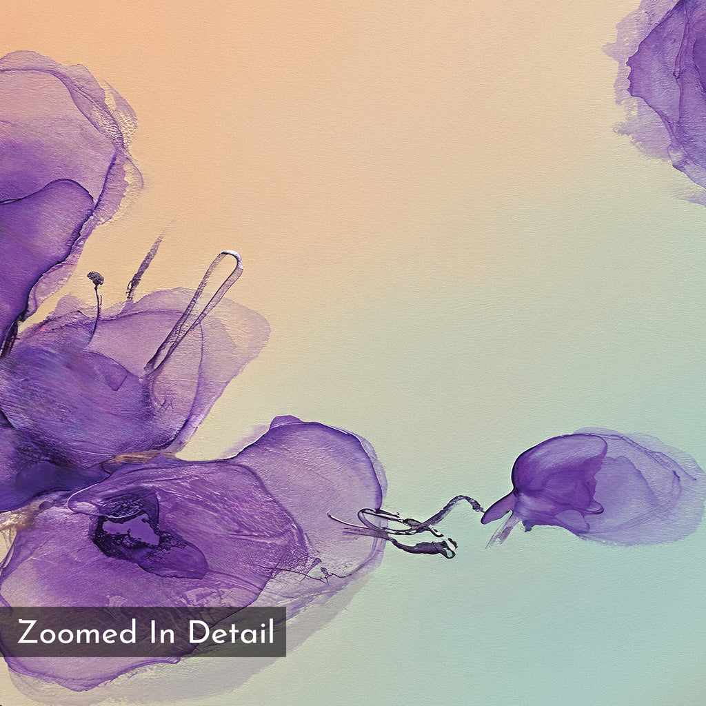 Violet Dreams Canvas Art - Horizontal features flowing, translucent purple shapes on a peach and light blue gradient, ideal for modern lavender decor. Bottom left corner includes a "Zoomed In Detail" label.