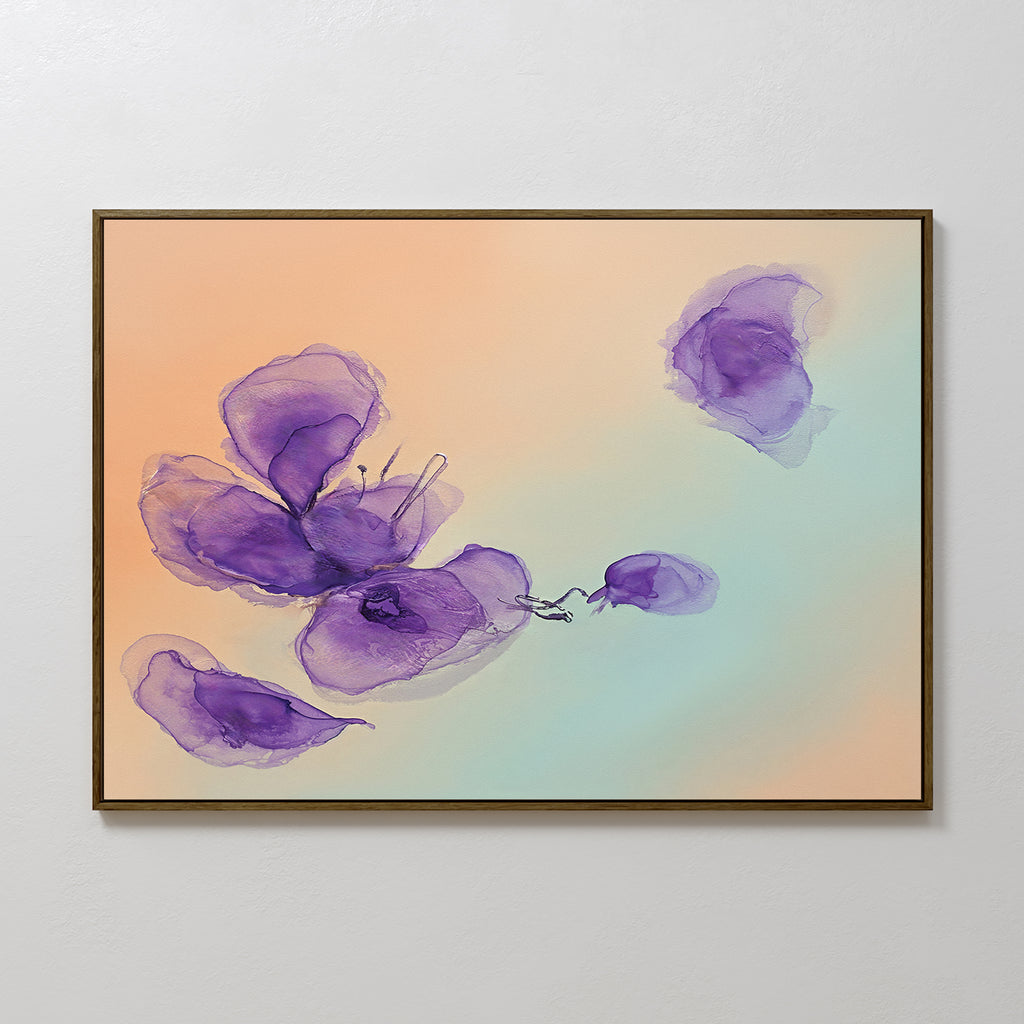 Violet Dreams Canvas Art - Horizontal, a framed watercolor with abstract purple flowers on a peach and turquoise gradient, brings botanical charm to any plain white wall.