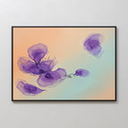 The Violet Dreams Canvas Art - Horizontal showcases delicate, abstract translucent purple flowers on a soft peach, blue, and green gradient background—perfect botanical wall art for brightening any light-colored wall.