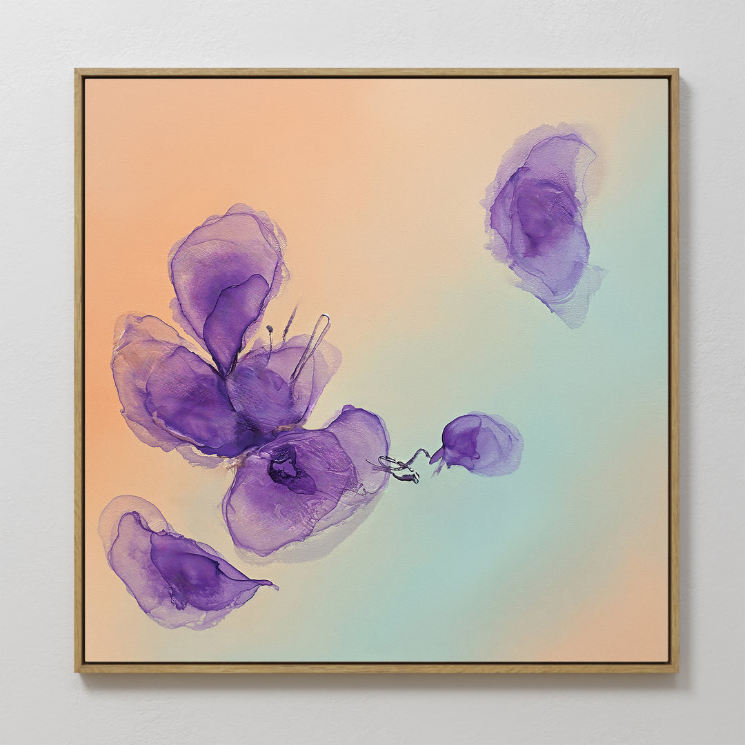 The Violet Dreams Canvas Art - Square features soft, translucent violet shapes on a pastel background—ideal botanical wall art to add Nordic Park elegance to your space.
