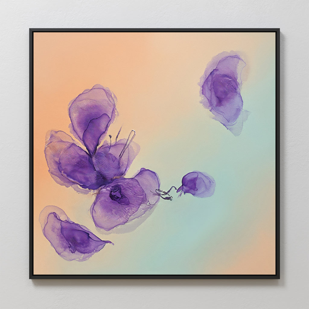 The Violet Dreams Canvas Art - Square features translucent, watercolor-like violet petals on a soft peach and turquoise gradient background, adding botanical charm as framed wall art to any room.