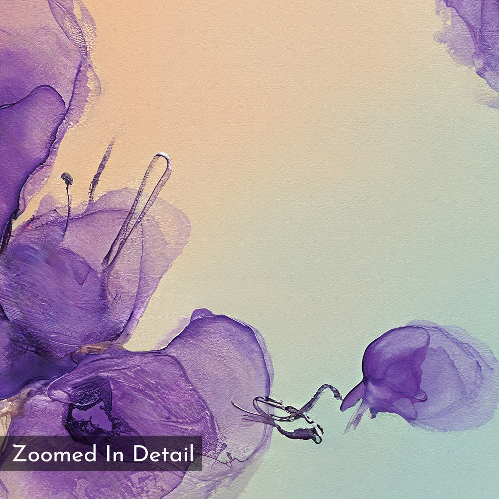 Violet Dreams Canvas Art - Square showcases abstract watercolor with purple and violet ink-like shapes on a soft beige and light blue background; "Zoomed In Detail" appears in the lower left corner.